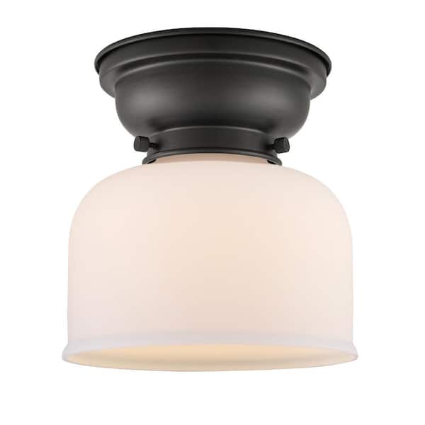 Innovations Bell 8 in. 1-Light Matte Black Flush Mount with Matte White Glass Shade