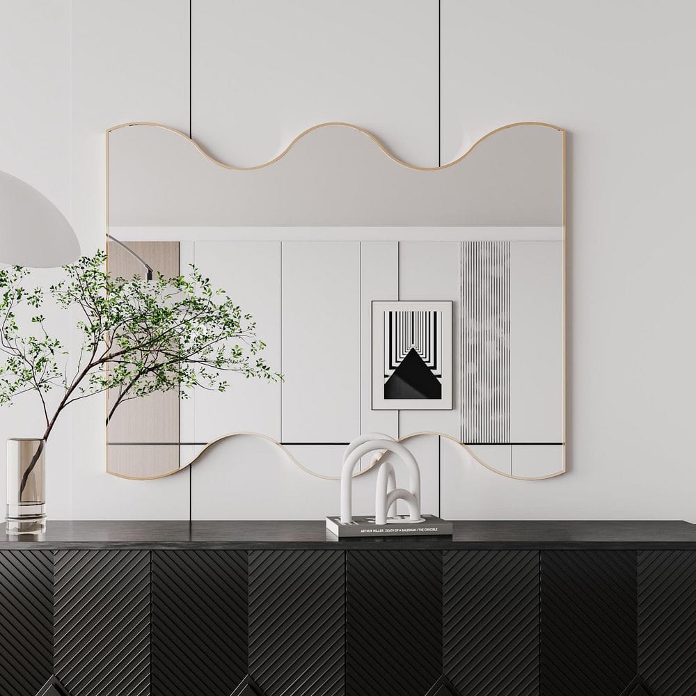 Gold 29.5 in W x 35.4 in. H Metal Framed Wall Mirror with 2-Wavy Sides for 