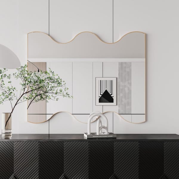 Unbranded Gold 29.5 in W x 35.4 in. H Metal Framed Wall Mirror with 2-Wavy Sides for Bathroom, Living Room, Bedroom Wall Decor