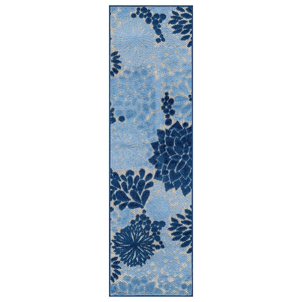 Indoor/Outdoor High-Low Textured, Floral, Easy-Clean Patio Rug 2 ft. x 7 ft. Blue Area Rug
