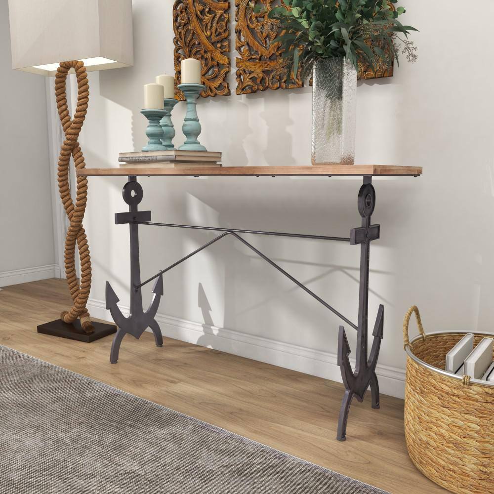 Black Solid Anchor Coastal Console Table with Brown Wood Top, 48"W x 31"H