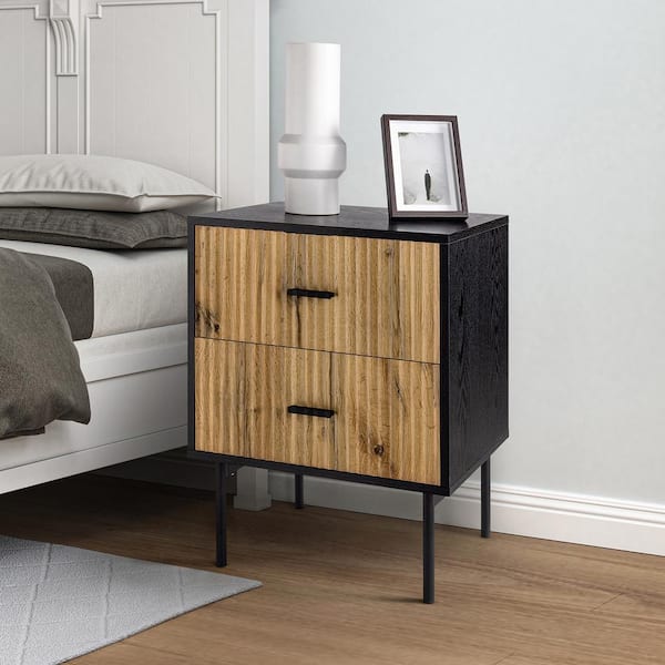 JAYDEN CREATION Hugh Black Contemporary Classic 2-Drawer Nightstand with Metal Legs and Charging Station