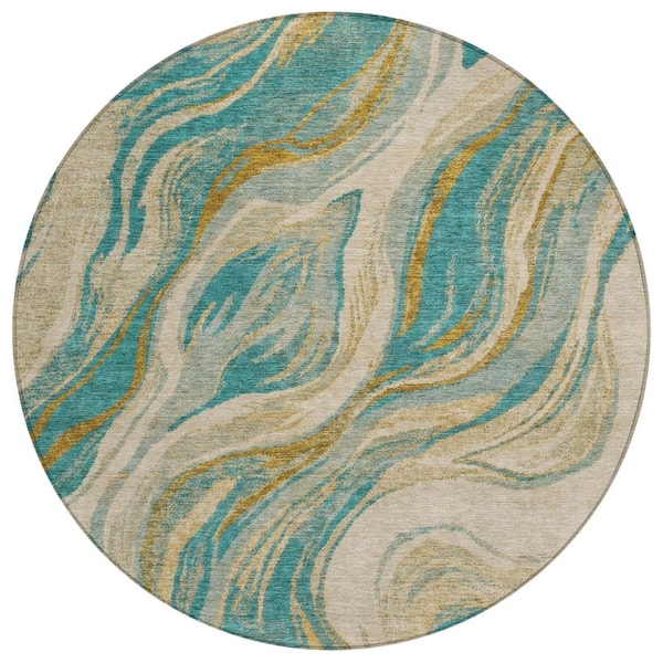 Chantille Machine Washable Indoor/Outdoor Abstract ACN3025 Teal 8 ft. x 8 ft. Round Rug