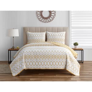 Kai Tribal Spicy Mustard 3-Piece Soft Matelasse Jacquard Cotton Blend Quilt Set - King