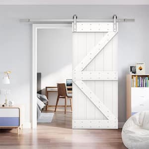 K Series 30 in. x 84 in. White Knotty Pine Wood Interior Sliding Barn Door with Stainless Steel Hardware Kit