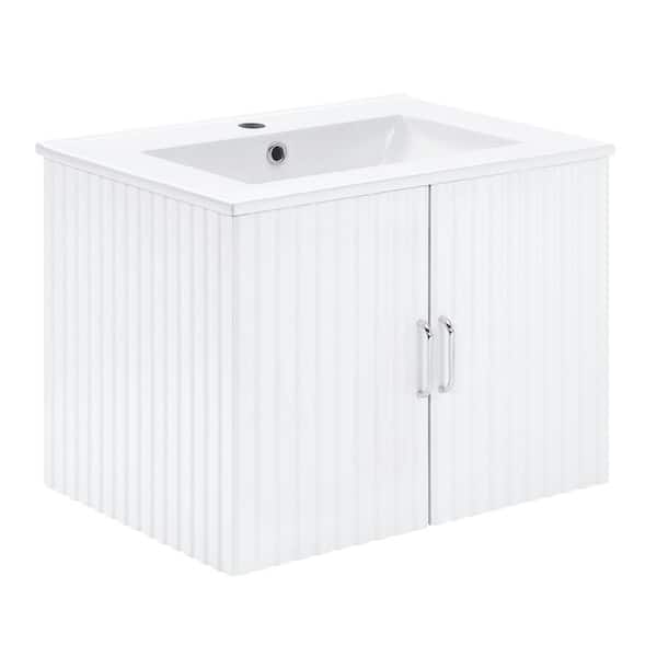 Unbranded 24 in. W x 17.72 in. D x 18.11 in. H Wall Mounted Bath Vanity in White with White Porcelain Sink and Soft Close Doors