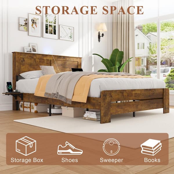 Rustic Brown MDF+Steel Frame Queen Platform Bed, Bed Frame with Storage Shelf, Built-in Charging Station