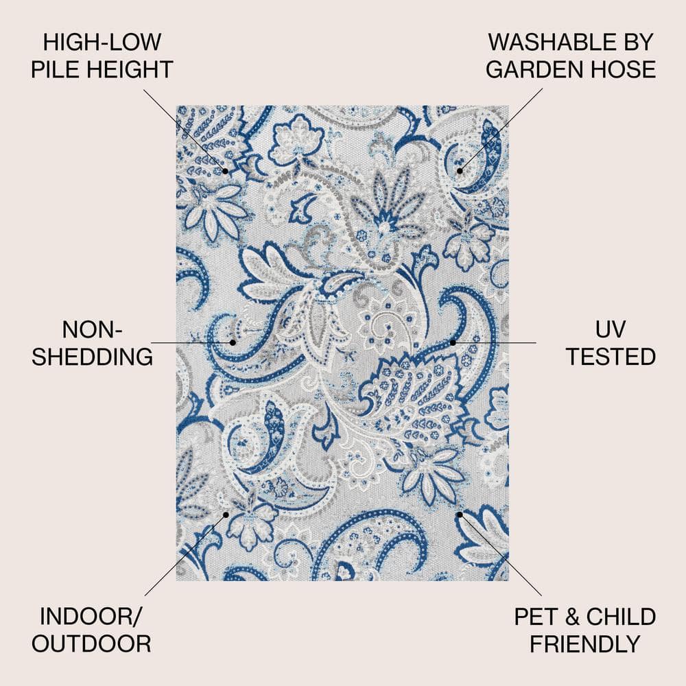 Paisley High-Low Light Gray and Blue Synthetic Indoor/Outdoor Rug