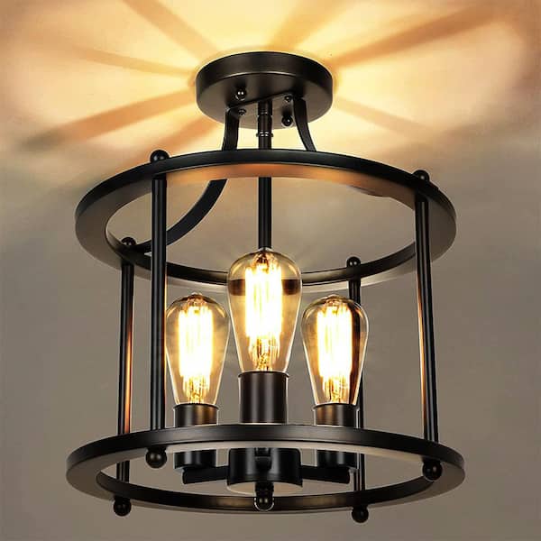 3-Light Black Farmhouse Semi Flush Mount Ceiling Light Fixture, Vintage Ceiling Mount for Dining Room Hallway Entryway