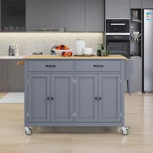 Rolling Gray Rubber Wood Desktop 54 in. Kitchen Island with Adjust Shelves and Wheels