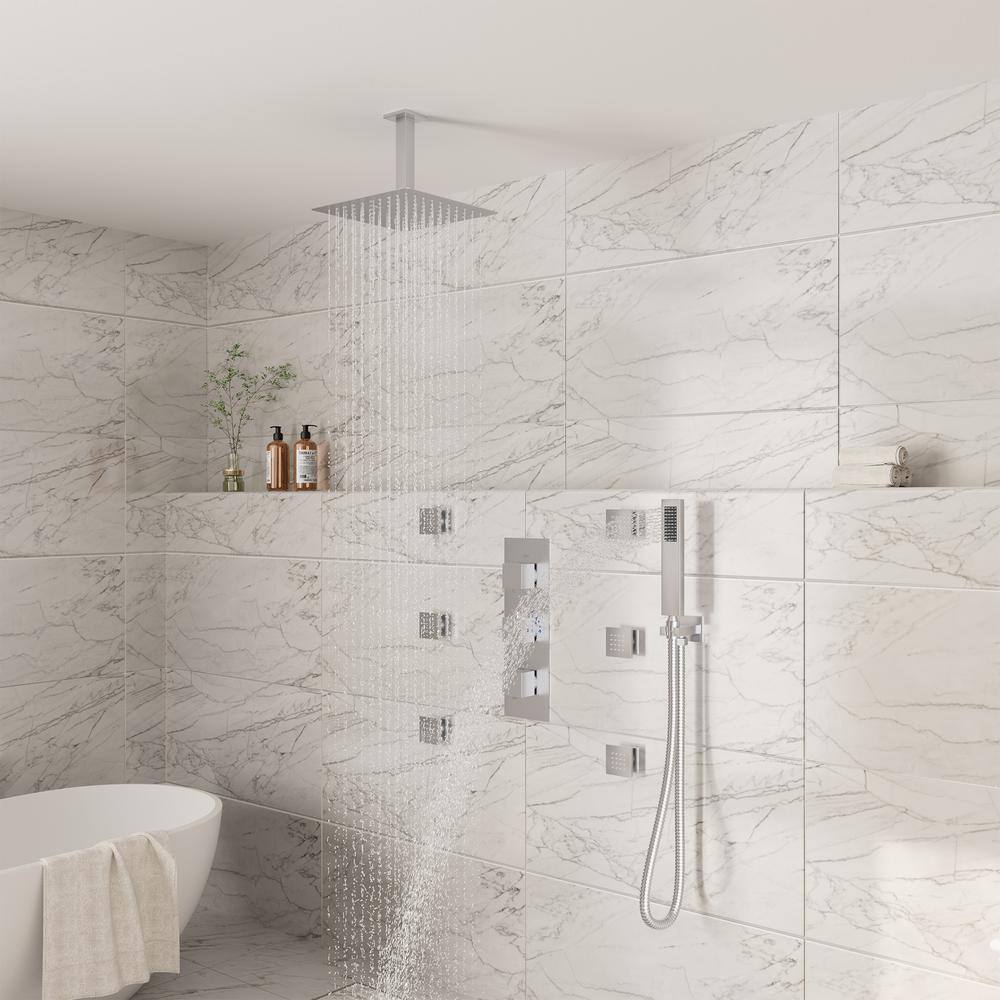 Brushed Nickel Ceiling Mounted Dual Shower System with Body Jets