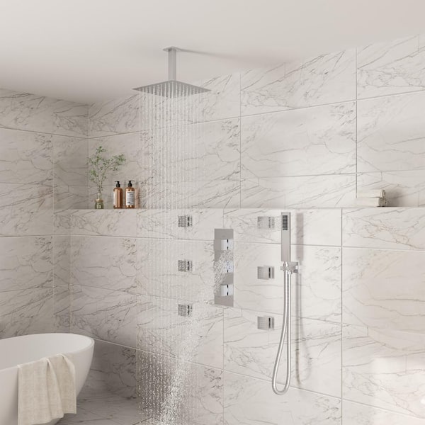 3-Spray 12 in. Dual Shower Head and Handheld Shower Head Ceiling Mount 2.5 GPM with 6-Body Jets in Brushed Nickel