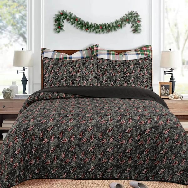 MarCielo 2596840-Christmas Black Holly Berry Tree King Size Polyester Quilt Bedspread Set