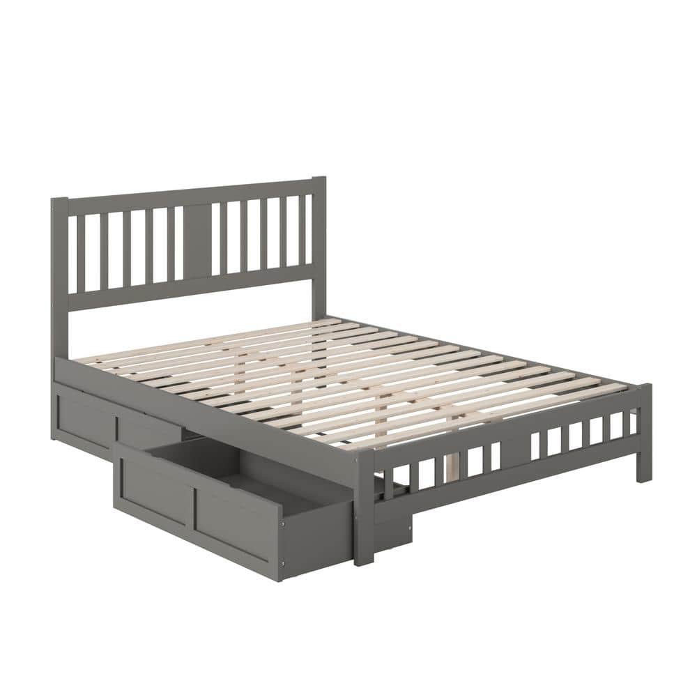 Gray Wood Queen Bed with Storage Drawers and Slats
