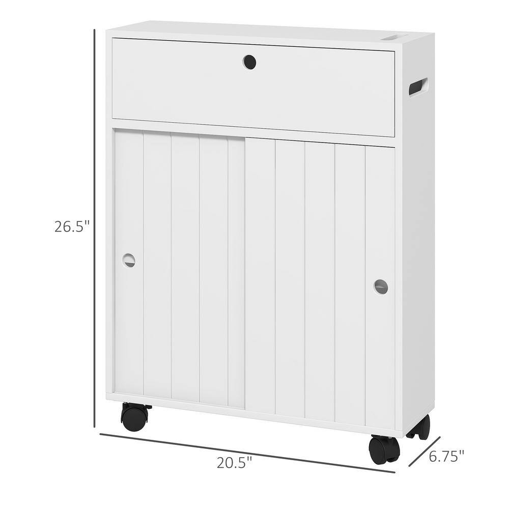 White Slim Bathroom Cabinet with Adjustable Shelving and Wheels