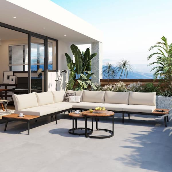Brown 6-Piece Wood Outdoor Sectional Set with Round Nesting Coffee Tables and Beige Cushions