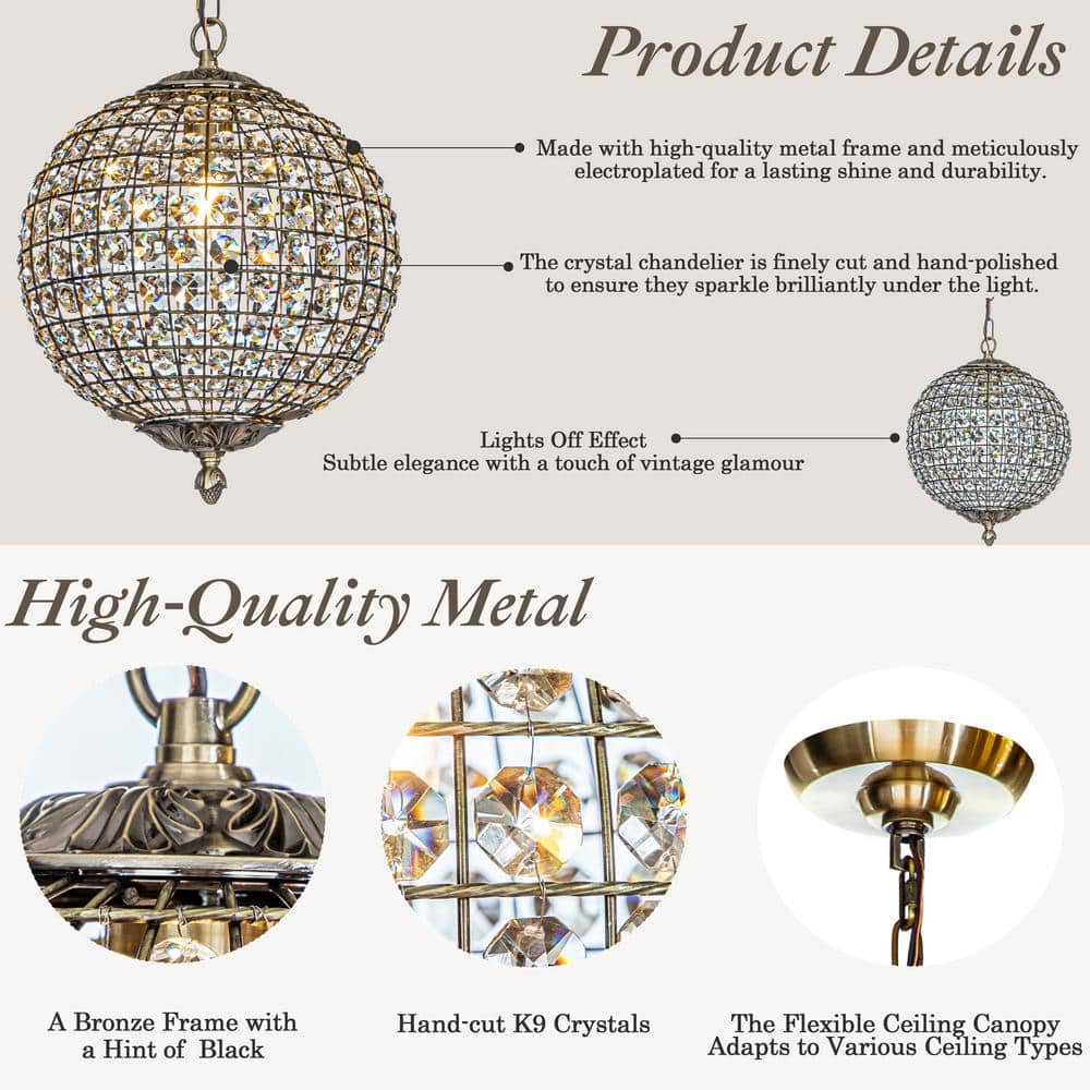 Antique Gold Crystal Dome Pendant Light with Chain