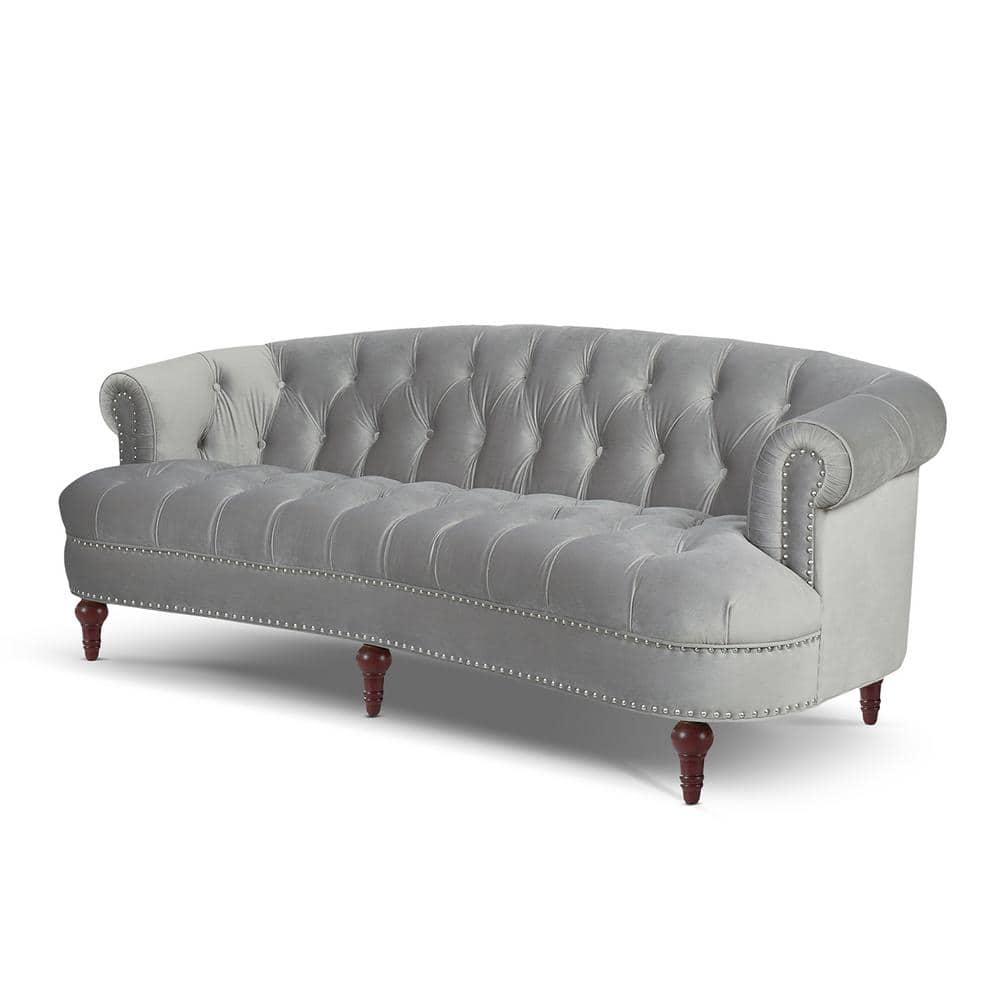 Opal Grey Velvet Chesterfield Sofa with Nailhead Accents and Wood Frame