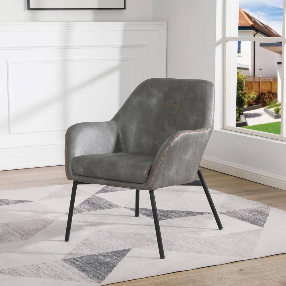 Gray Faux Leather Upholstered Arm Chair with Black Metal Legs