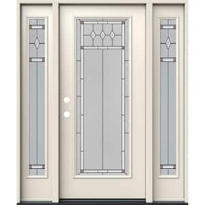 60 in. x 80 in. Right-Hand Full Lite Mission Prairie Decorative Glass Primed Fiberglass Prehung Front Door w/ Sidelites
