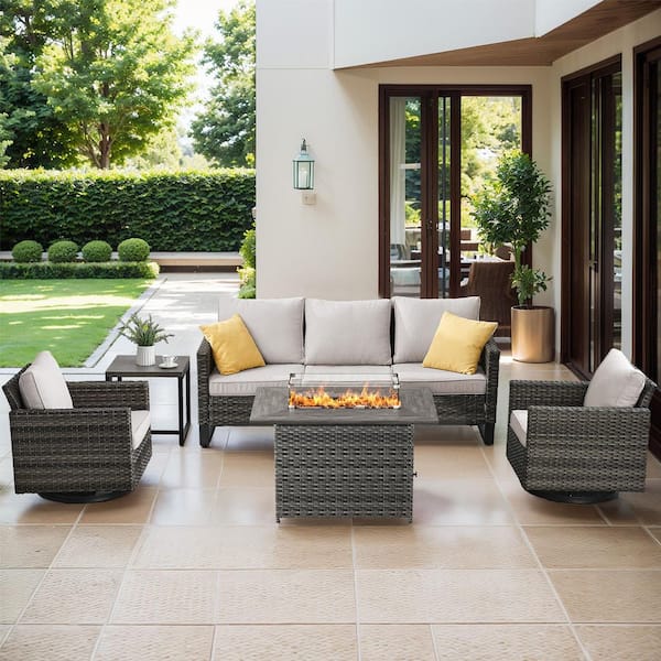 Gymojoy Valenta 5-Piece Wicker Outdoor Conversation Swivel Chair Set Patio Fire Pit Seating Sofa Set with Beige Cushions