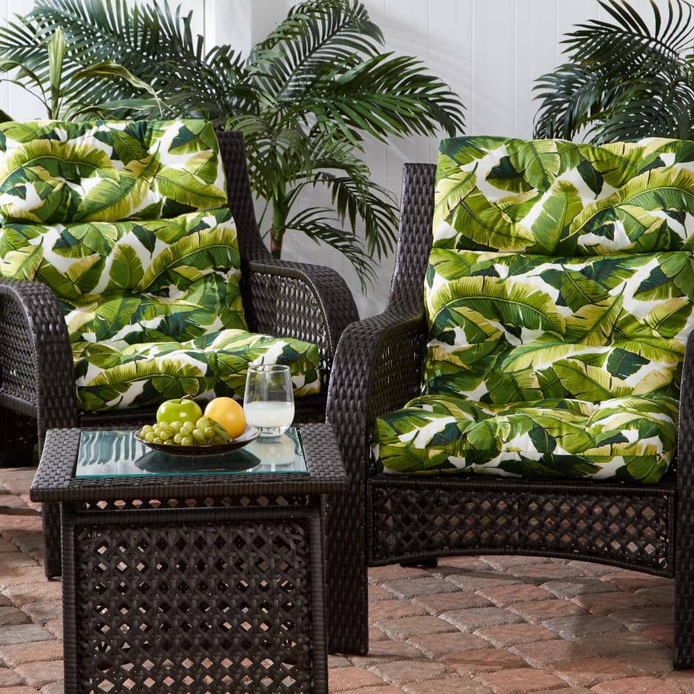 Palm Leaves Green and White High Back Outdoor Chair Cushions Set