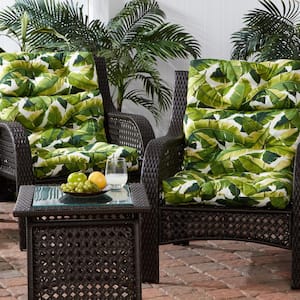22 in. x 44 in. Outdoor High Back Dining Chair Cushion in Palm Leaves White (2-Pack)