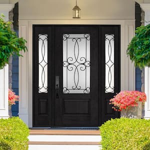 Regency 64 in. x 80 in. 3/4Lite Georgian Decorative Glass LHOS Onyx Mahogany Fiberglass Prehung Front Door w/Dbl12in.SL