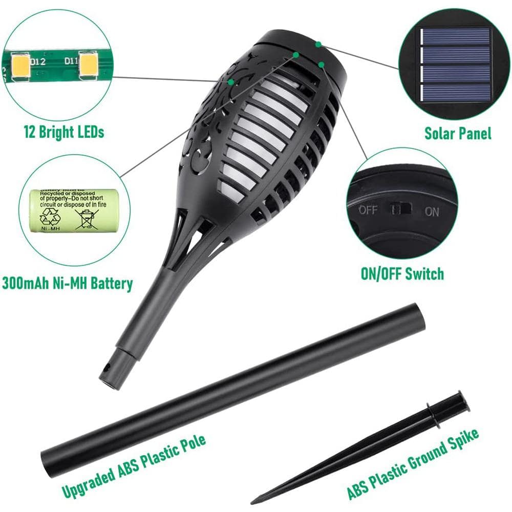 12-Pack Black Solar LED Flickering Flame Torch Lights