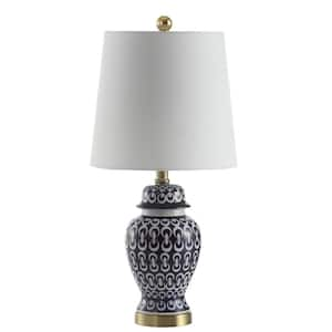 Kyra 21 in. Blue/White Patterned Table Lamp with White Shade