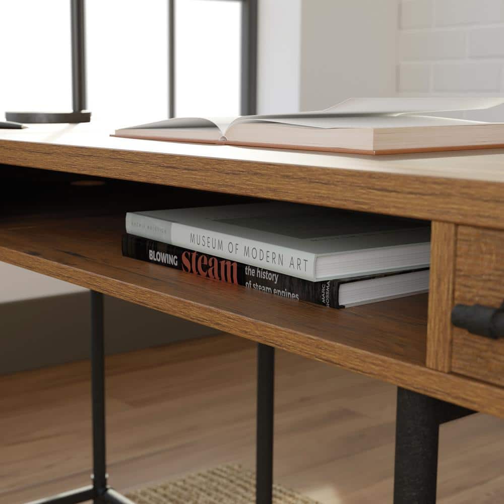 Brown Wood L-Shaped Computer Desk with Drawer and Filing Cabinet