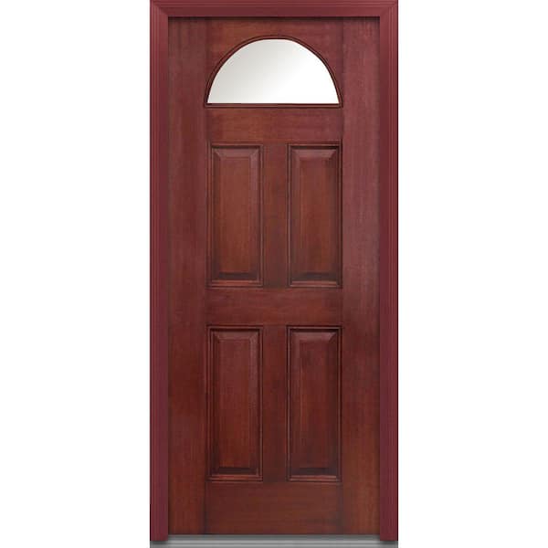 MMI Door 36 in. x 80 in. Left-Hand Inswing Fan Lite Clear 4-Panel Classic Stained Fiberglass Mahogany Prehung Front Door