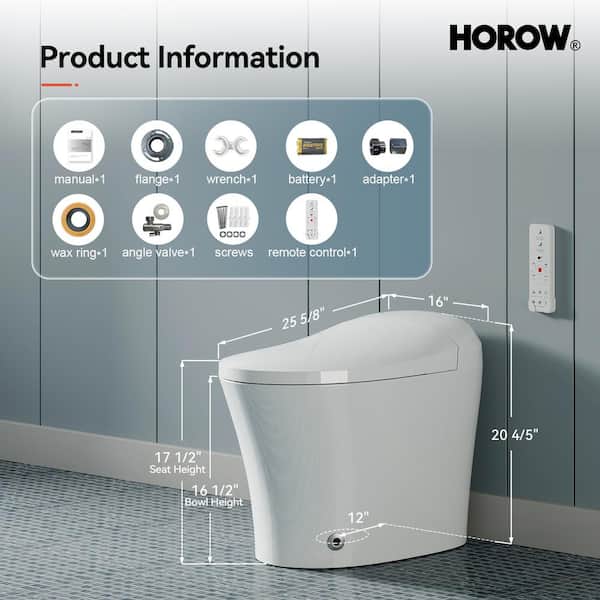 HOROW 1/1.27 GPF Tankless Smart Toilet Bidet with Dual Flush System, White