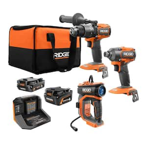 18V Brushless Cordless 3-Tool Combo Kit w/ Hammer Drill, Impact Driver, Digital Inflator, Batteries, Charger & Bag