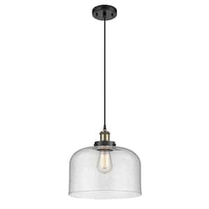 Bell 1-Light Black Antique Brass Shaded Pendant Light with Seedy Glass Shade