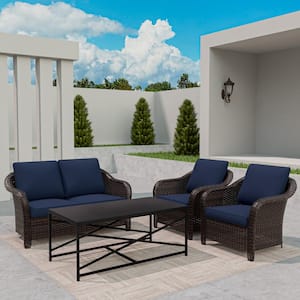 4-Piece Wicker Outdoor Patio Conversation Sofa Furniture Set with Blue Cushions