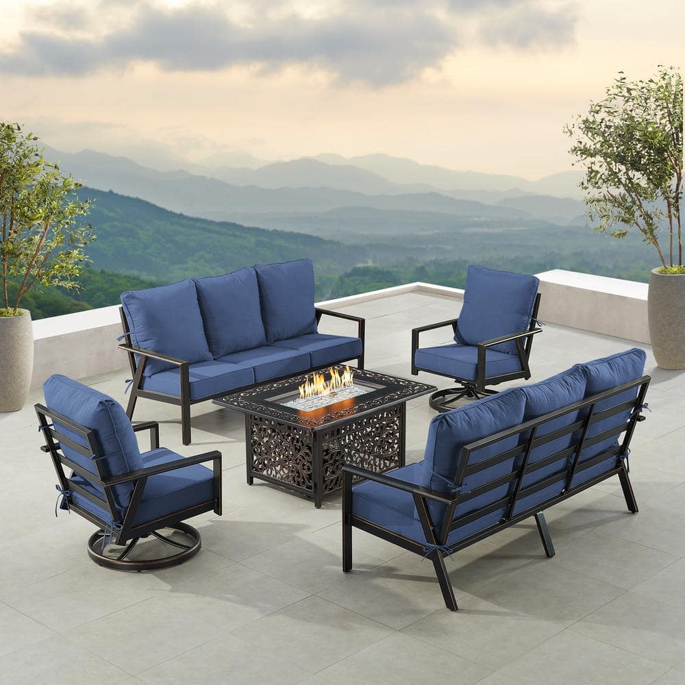 Black 5-Piece Aluminum Patio Fire Table Set with 2-Deep Seating Sofa with Blue Cushions and 2-Club Chairs price history on PriceWatchPro