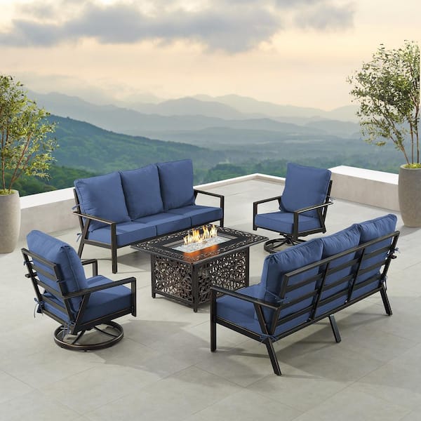 Oakland Living Black 5-Piece Aluminum Patio Fire Table Set with 2-Deep Seating Sofa with Blue Cushions and 2-Club Chairs