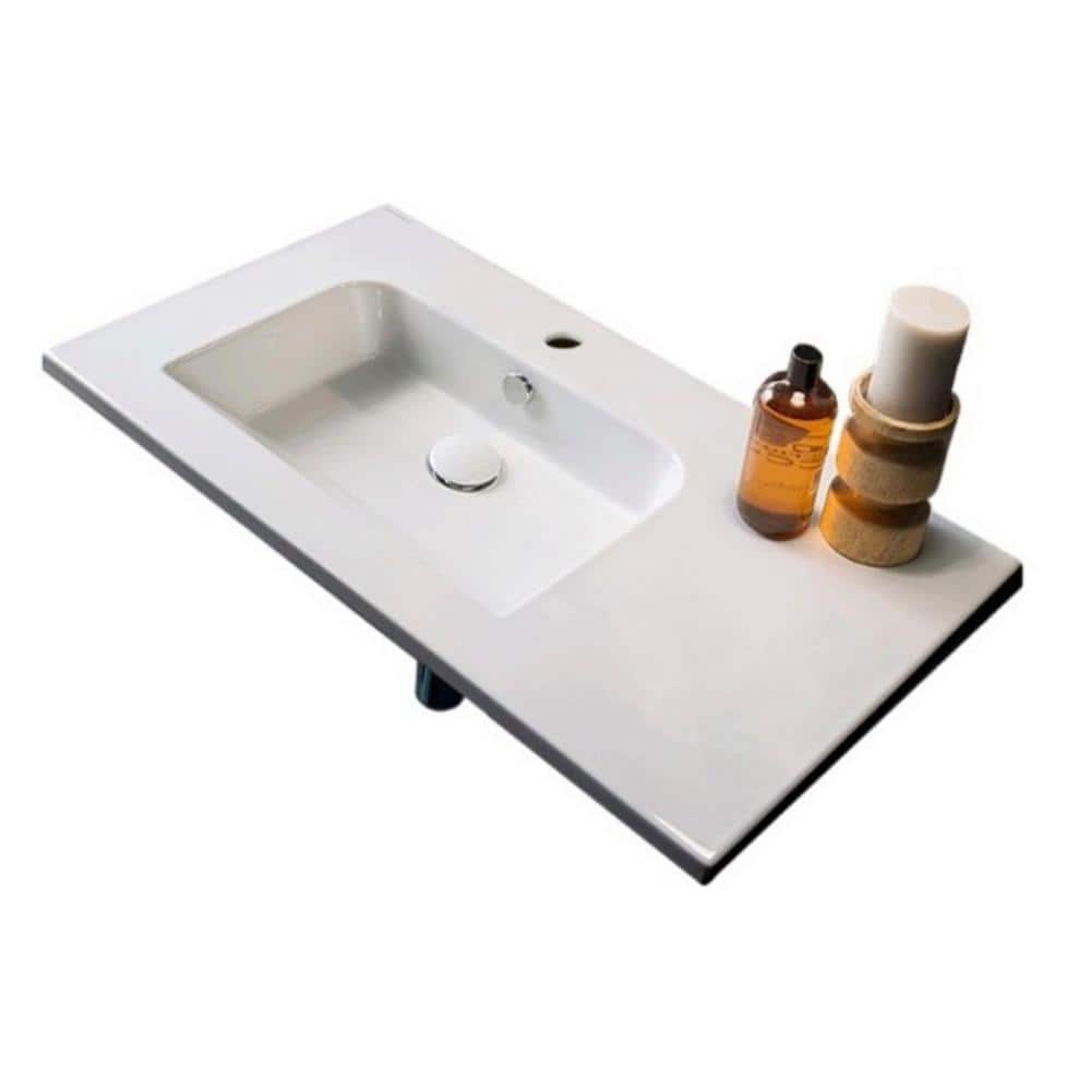 Glossy White Ceramic Rectangular Wall-Mounted Bathroom Sink