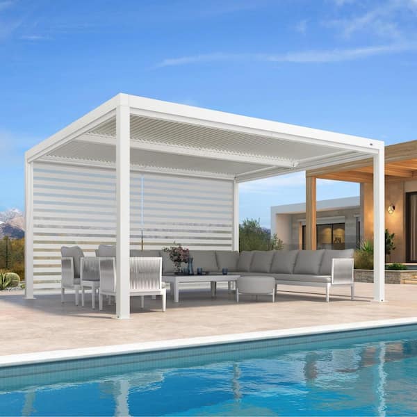 12 ft. x 14 ft. White Aluminum Frame Louvered Pergola with Adjustable Sunshade Roofs and 1-Long Side Roller Shades