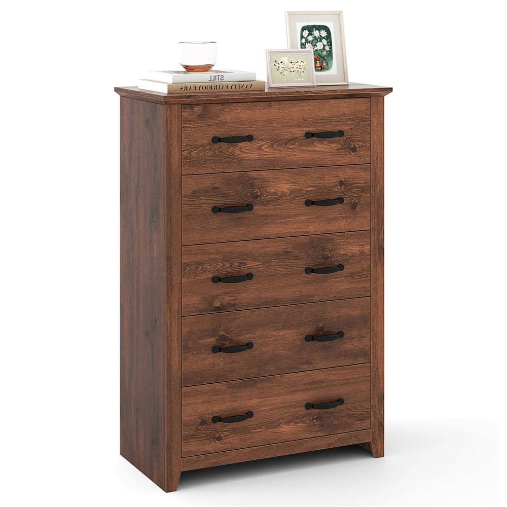 Tall Storage Dresser with 5 Pull Out Drawers for Bedroom Living Room Walnut Costway