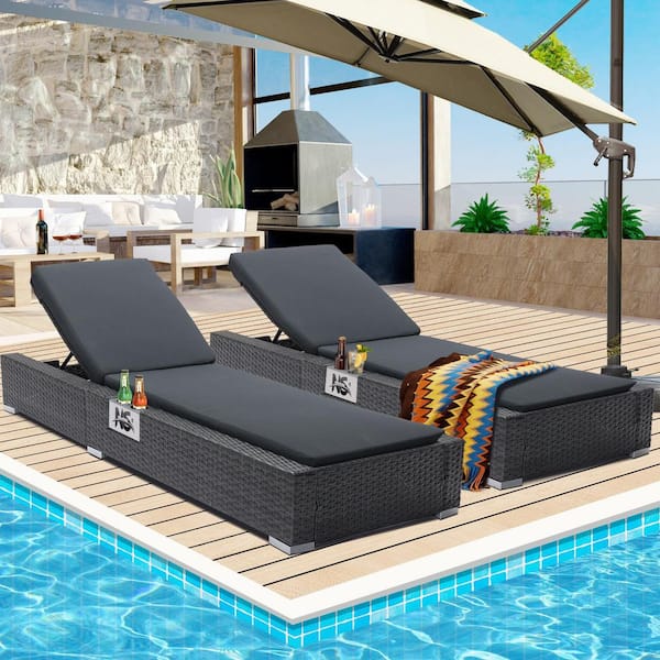 2-Piece Patio Furniture Adjustable Reclining Wicker Outdoor Chaise Lounge with Dark Gray Cushion for Backyard, Deck