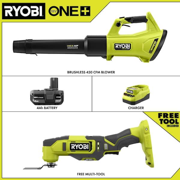 ONE+ HP 18V Brushless 450 CFM Cordless Leaf Blower with 4.0 Ah Battery, Charger, & FREE ONE+ 18V Oscillating Multi-Tool
