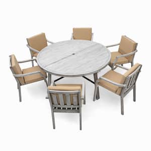 7-Piece Antique Gray Wood Outdoor Dining Set 6-Person with Umbrella Hole and Khaki Cushions for Patio Backyard Garden