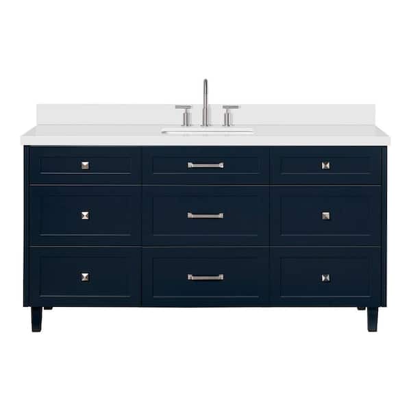 Monroe 66 in. Single Sink Freestanding Bathroom Vanity in Midnight Blue with Pure White Quartz Top