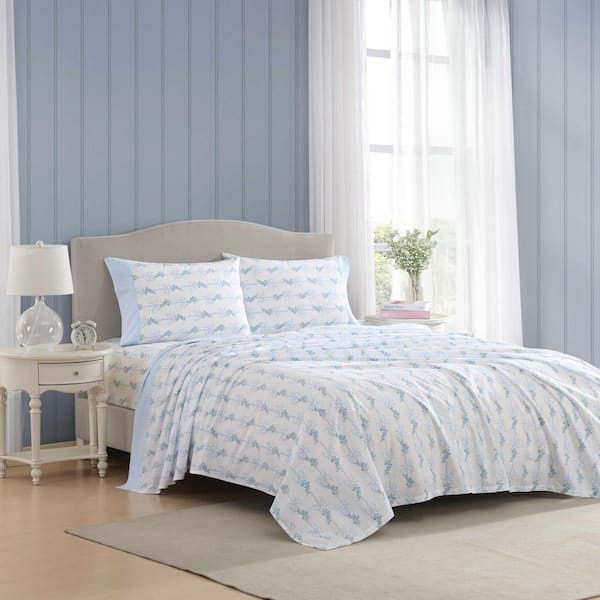 Floral Ribbon 3-Piece Blue Cotton Twin Sheet Set