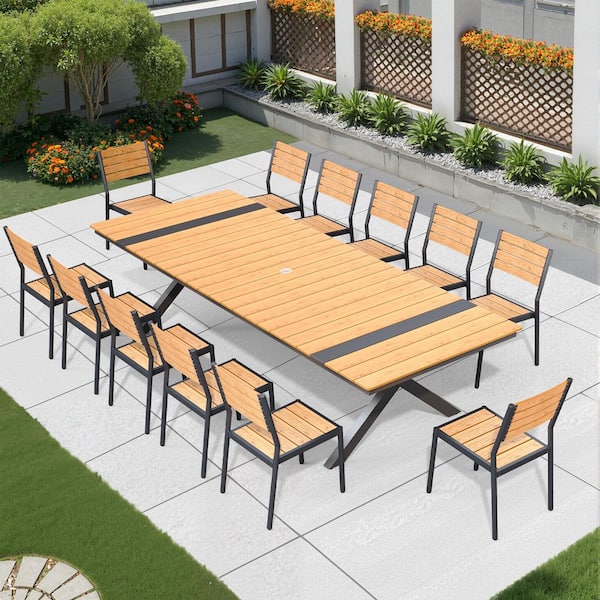 Brown 13-Piece 118 in. Aluminum Wood-Like Rectangular Patio Outdoor Dining Set with Stackable Chairs and Umbrella Hole