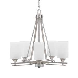 Ontario 20.75 in. 5-Light Aged Silver Geometric Chandelier for Dinning Room with White Marble Shades No Bulbs Included