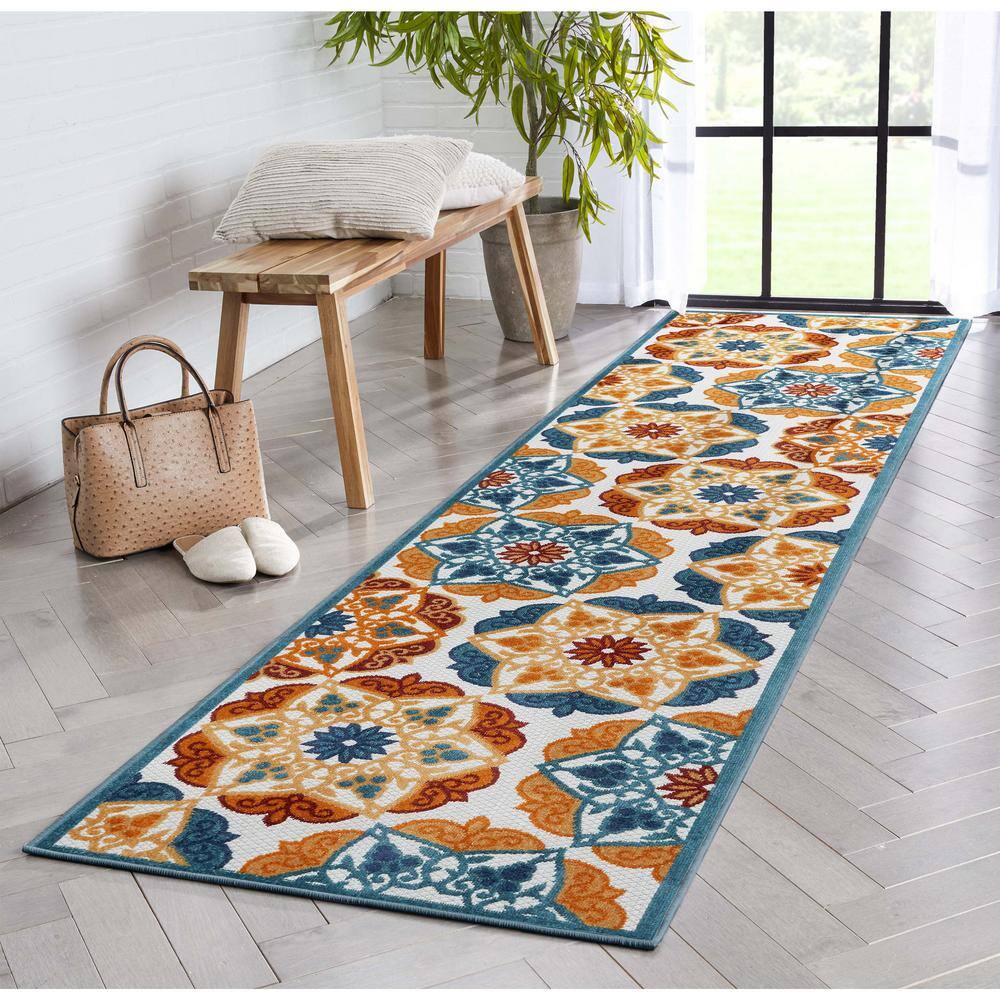 Audun Blue Geometric High-Low Texture Indoor/Outdoor Runner 2'7" X 9'10"