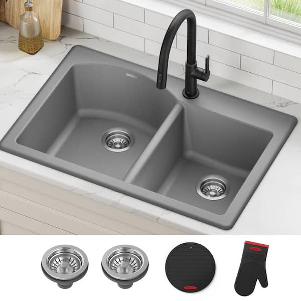 Forteza 33 in. Drop-In/Undermount 60/40 Double Bowl Grey Granite Composite Kitchen Sink